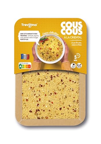 Couscous Oriental Trevijano: 6 Schalen à 300 g. Ohne Zusatzstoffe und Konservierungsmittel, nur getrocknete pflanzliche Zutaten: Couscous, Zwiebel, grüne Paprika, rote Paprika, Curry.