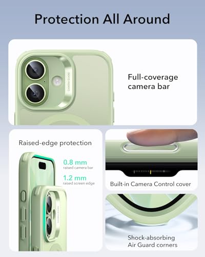 Image of ESR for iPhone 17 Case, Camera Control Cover, Compatible with MagSafe, Shockproof Military-Grade Protection, Magnetic Phone Case for iPhone 17, Classic Hybrid Case, Frosted Light Green