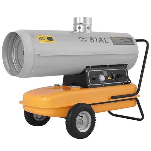 SIAL 20 kW Indirekte Ölheizer Heizkanone Diesel Bauheizer Bautrockner 800 m/h Heizgebläse 32 L Tank mit Thermostat/Überhitzungsschutz Silber IY20