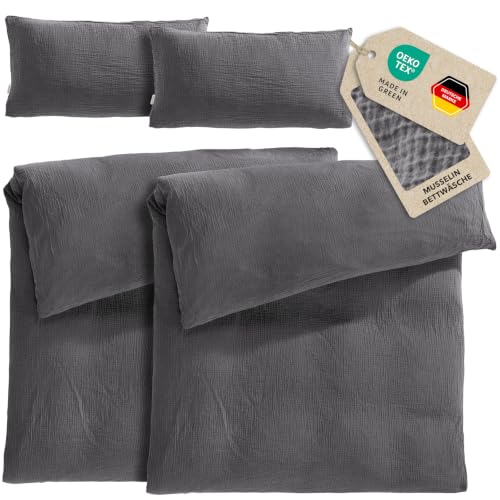 Pure Label Musselin Bettwäsche 4tlg 2x135x200+2x40x80 - Anthrazit – Ansicht 1