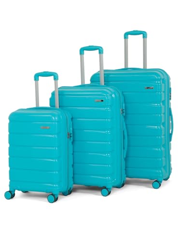Image of Teakwood MA Trolley Bag, Hard with Zipper Closure, Adjustable Push Button & Cross Side Strap, Number Lock System 360 Degree (Set of 3, Aqua Green)