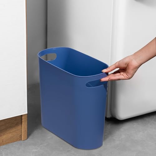 Image of rejomiik Small Trash Can, 3.5 Gallon Slim Garbage Can Plastic Waste Basket with Handles Container Bin for Narrow Spaces Bathroom, Bedroom, Kitchen, Office at Home, Blue