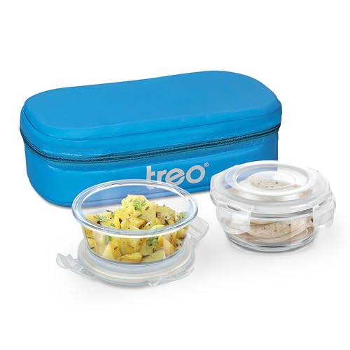 Image of Treo by Milton Sky Lite Tiffin Vertical | 2 Round Containers (400 ml Each) with Jacket | Borosilicate Glass | Airtight Leak-Proof Lids | Microwave & Oven Safe | Ideal for Office & Travel, Blue