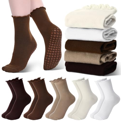 10 Pairs Pilates Socks with Grips for Women Cute Yoga Non Slip Ruffle Ballet Turn Cuff Crew Frilly Athletic Socks for Fitness Workout Casual 5 Colors