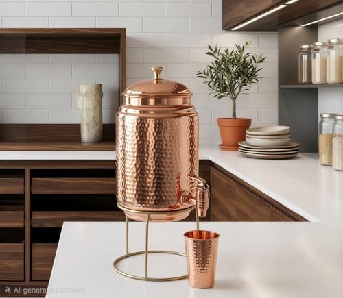 Image of 5 Litre Pure Copper Water Dispenser with 1 Glasses & Stand | Hammered Ayurvedic Matka Pot for Healthy Drinking Water (Jointless, 5000ml + (300ml)