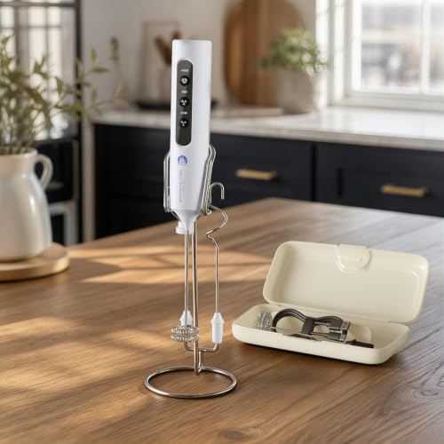 Image of Rechargeable Milk Frother with Stand, 4 Interchangeable Whisks & Travel Case - Handheld Mixer for Lattes, Matcha, Hot Chocolate, Eggs & Protein Shakes