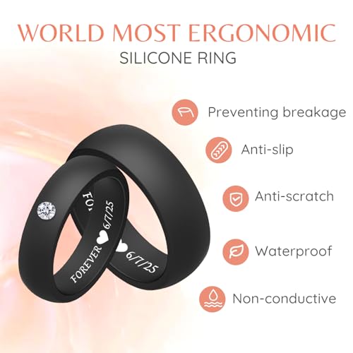 Custom Rubber Wedding Bands for Couples 5.7MM+8MM, Personalized Silicone Rings for Him and Her With Cubic Zirconia, Engrave His and Hers Silicone Wedding Bands Men Women, Anniversary Engagement Gifts2