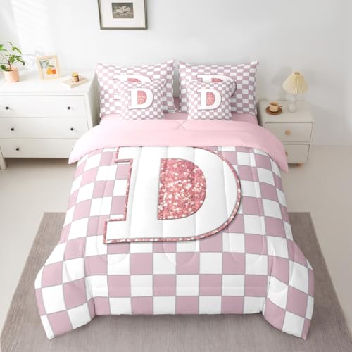 Image of Erosebridal Pink Initial D Queen Bedding Set 7 Piece Kawaii Plaid Checkered Bed in A Bag with Sheets Cute Personalized Monogram Comforter Set for Kids Girls Teen Women,Fashion Grids Gingham Bed Sets