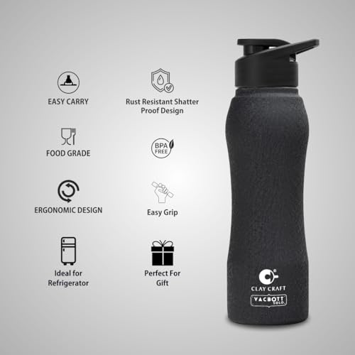 Image of Clay Craft VACBOTT Neo Single Walled Non Insulated Water Bottle-1000ML, 6-Piece(Black) Leak Proof | Easy Grip |Easy To Carry| Gym Bottle | Home | Kitchen | Hiking | Treking Bottle | Travel Bottle