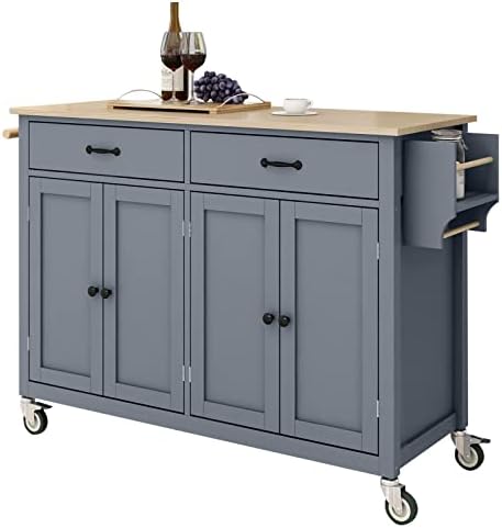 LETESA Rolling Mobile Kitchen Island 54.3'' with Solid Wood Top and 2 Locking Wheels, Adjustable Storage Shelves 4 Door Cabinet and Two Drawers Spice Rack, Towel Rack for Dining Room Coffee Bar (Blue)