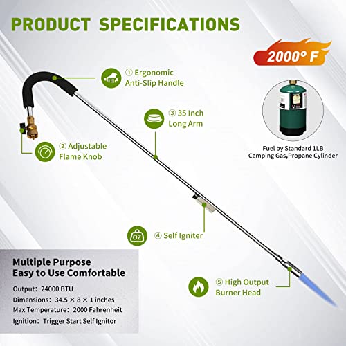 KOMAN Weed torch Propane Burner,35" long arm,Fuel by 1LB Propane Gas Cylinder/540LB Propane