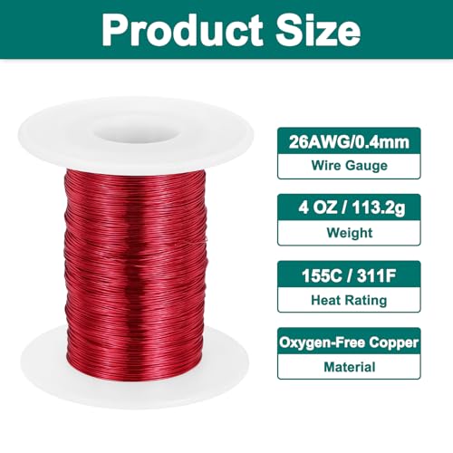 QUARKZMAN Kupferlackdraht 0.4mm, 26 AWG, isolierter bis 155°C Kupferdraht, Lackdraht für Transformatoren, Handwerk, Elektrik und DIY, Rot (113.2G）