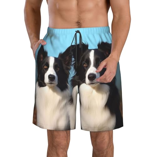 Border Collie Men's Swim Trunks Quick Dry Board Shorts with Pockets Casual Drawstring Beach Shorts