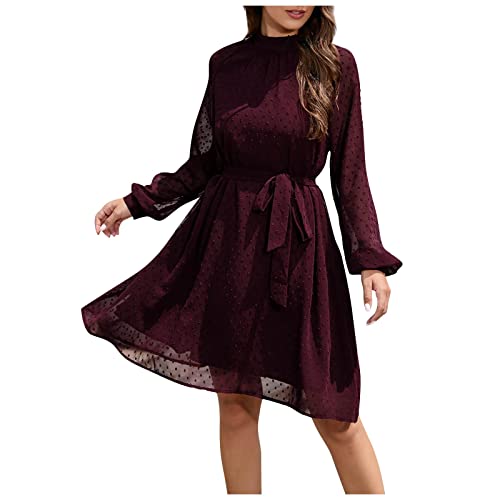 Kleid Damen Elegant Tunika Kleid Gelbes Kleid Damen Chiffon Einfarbig Knielang Kleid mit Gürtel Hohe Taille Tunika Abendkleid Swing A-Linie Kleid...