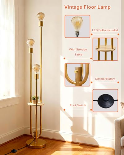 Image of Lightdot Gold Floor Lamp for Living Room Dimmable Vintage Floor Lamp with Shelf & E26 Bulbs Included Mid Century Standing Lamp Tall Lamp with 5Lbs Heavy Base for Bedroom /Sofa Beside /Corner Decor