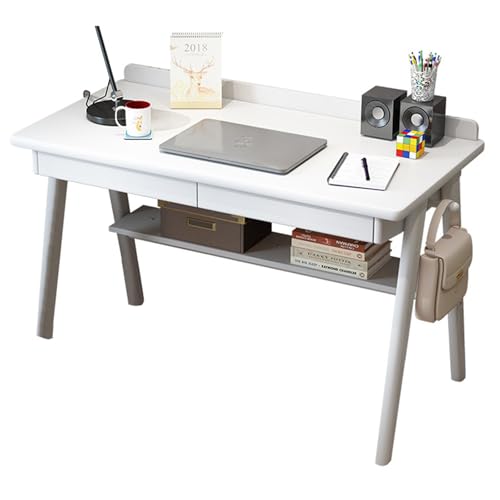 Uevmo 引き出し2つと収納棚付き無垢材ライティングデスク ミッドセンチュリーモダンコンピュータデスクシンプルな学習机ワークステーション ホームオフィス 小スペース用 (ホワイト,120cm)