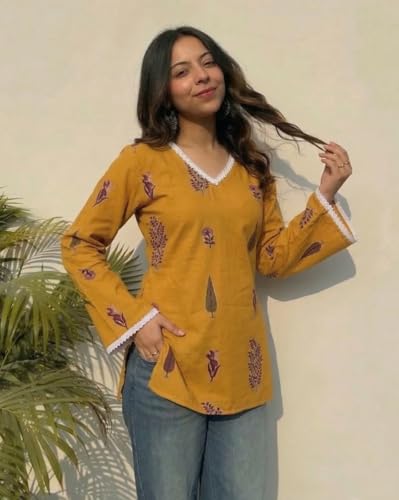 Image of ANNI Designer Women's Viscose Blend Printed Short Kurti | Ethnic Printed Tunic Top | V Neck Lace Detail | Full Sleeve Hip Length Kurta Top for Women