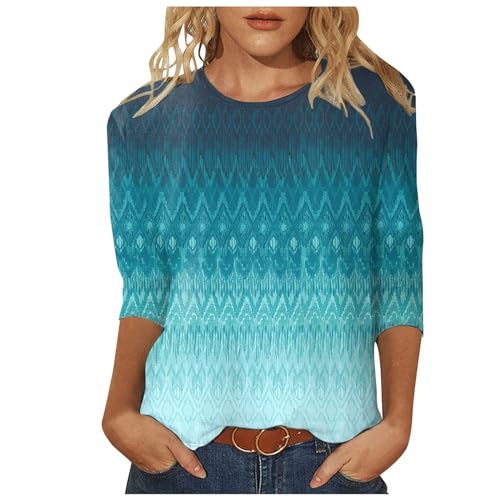 Damestops met halflange mouwen, driekwart mouwen, grafisch, overhemden, casual, top, ronde hals, tuniek, kanten bovenstuk, Blauw, M