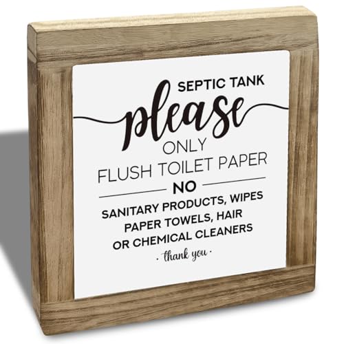 Toilet Rules Sign, Wooden Block Sign-Septic Tank Please Only Flush Toilet Paper, Guest Bathroom Decor, Notice to Bathroom for Home or Public, Reminder Wood Plaque Decoration 5.9X5.9X0.7inches