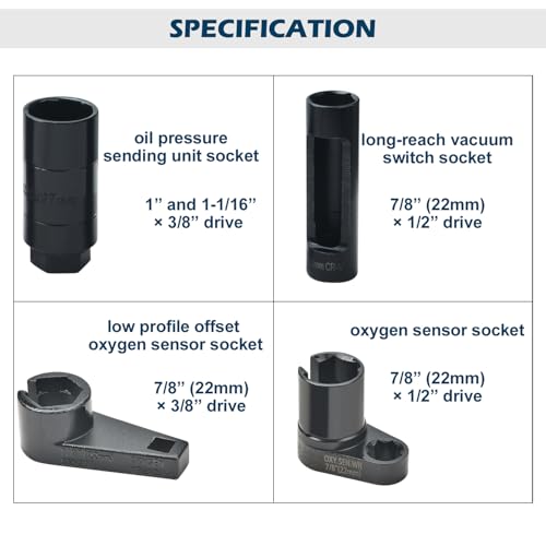 Zoomtools 10Pcs O2 Oxygen Sensor Socket Set, 22mm 27mm 29mm Lambda Sensor Removal Tool Set Oil Pressure Sending Unit Removal Kit, 3/8" 1/2" Drive