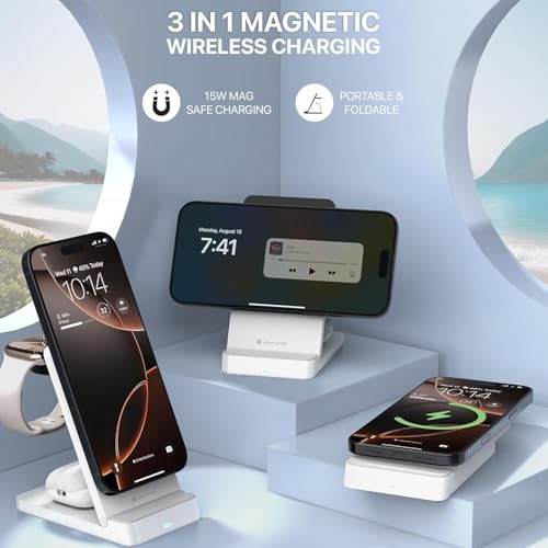 Image of Eller sante NEXFOLD 3in1 Wireless Charger 23W Magnetic Mag-Safe for 16 /16 Plus /16 Pro /16 Pro Max, iPhone 15 /15 Plus /15 Pro /15 Pro Max, iPhone 14 /13 /12, Airpods, Series 9 /8 /7 /6 /5 /4 /SE-White
