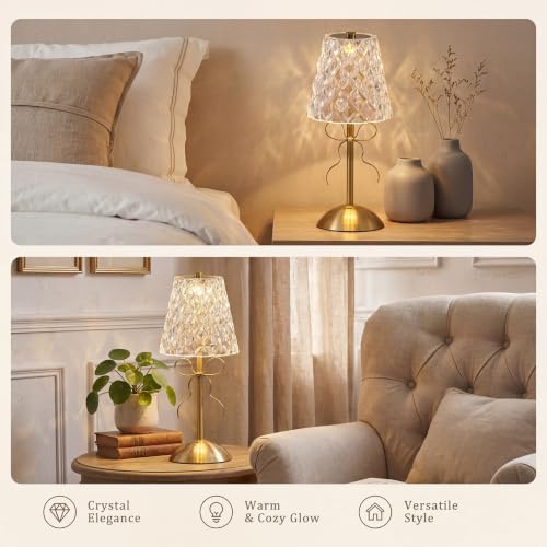Image of Liliful 2 Pcs Cordless Table Lamp Rechargeable Touch LED Small Gold Portable Battery Operated USB-c Desk Lamp 3 Color Dimmable for Bedroom Living Room Dining (Gold,Diamond Style Bow)