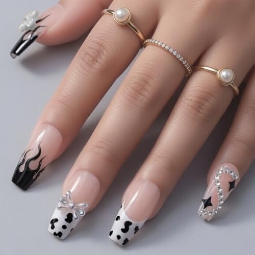 Image of Secret Lives Glossy 3D Artificial Nails with Bow - Black & White French Tip Flame Design Press-On Nails 24 Piece Set with Kit