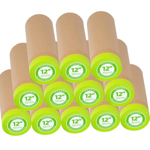 Image of Tangibay Pre-Taped Masking Paper for Painting - 12 inch x 50 feet Tape and Drape Painters Paper, Paint Adhesive Protective Paper Roll for Covering Skirting, Frames, Cars and Auto Body (12 Rolls)