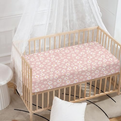 Image of Daisy Fitted Crib Sheet White and Yellow Flowers Camomile Standard Crib Mattress Fitted Sheet Pink Baby Toddler Bed Mattress Sheets for Girls 28 inchx52 inch