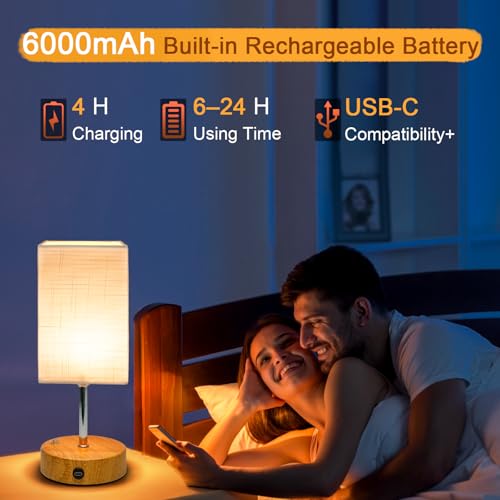 6000mAh Bedside Lamps, 10.8" Touch Control Rechargeable Table Lamp with Wood Grained Base & Fabric Lampshade, Dimmable Minimalist Wireless Battery Lamp for Living Room Bedroom Office Kids Decor - Image 5