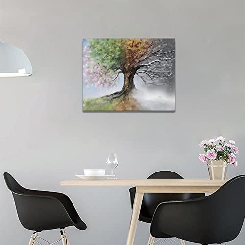 Tree Of Life Wall Art Colorful Country Trees Pictures Wall Decor Rustic Nature Four Season Canvas Paintings Modern Artwork Home Decorations For Bathroom Living Room Bedroom Office Framed 16"X12" #TOP2