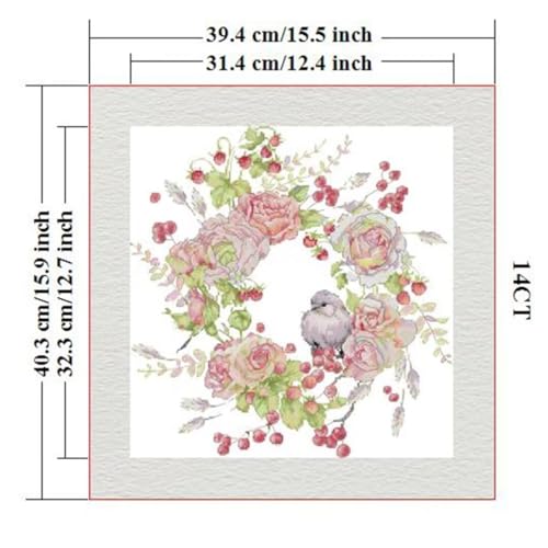 Image of ITSTITCH Stamped Cross Stitch Kits - Full Set of Embroidery for Beginners or Adults,14 CT 2 Strands DIY Birdie Rose Wreath Patterns Counted Arts Craft 15.3x15.7 inch