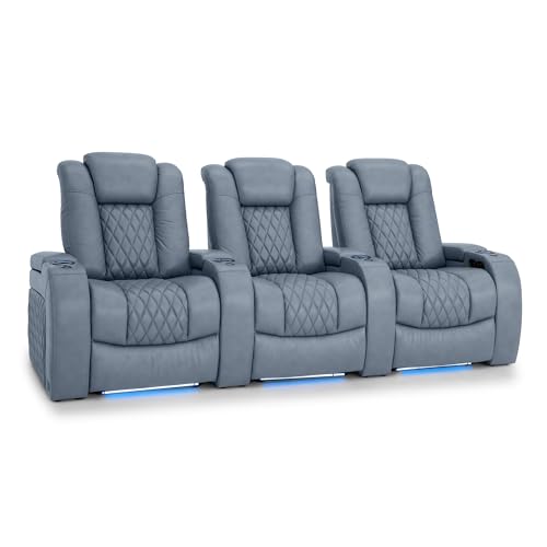 Image of Seatcraft Diamante Smokey Blue Italian Leather Home Theater Seating, Zero Gravity Power Recliner, Gaming and Home Office Chair, Powered Headrest Furniture for Family Cinema Room, Row of 3