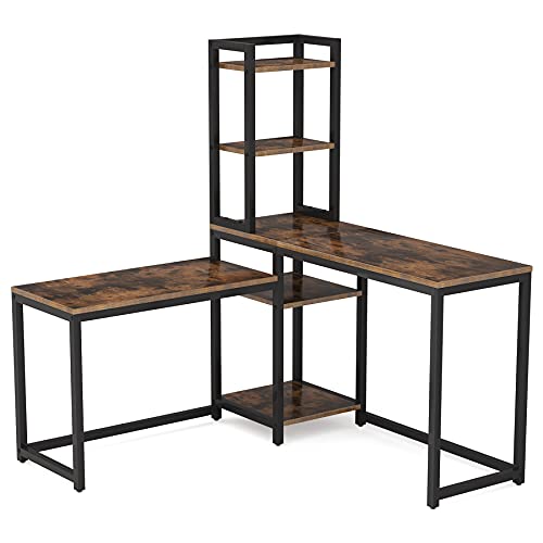 L-Shaped Desk Computer Desk, Tribesigns Home Office Double Corner Desks, Gaming Desk with 5 Storage Shelves, Study Writing Table with Bookshelf for Home Office, Brown L-Shaped Desk Computer Desk, Tribesigns Home Office Double Corner Desks, Gaming Desk with 5 Storage Shelves, Study Writing Table with Bookshelf for Home Office, Brown