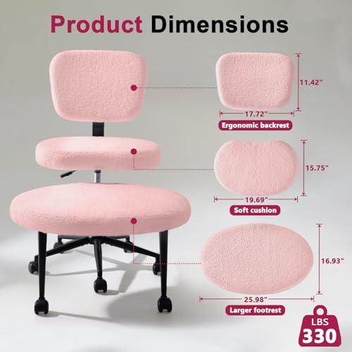 Image of VITESSE Cross-Legged Ergonomic Chair 360 Swivel with Wheels, Adjustable Meditation Seat for ADHD, Lumbar Support, Teddy Fabric Home Office Chair,Pink