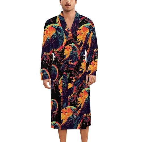 Watercolor Raven Moon Crow Soft Robe Long Sleeve Bathrobes V Neck Sleepwear Spa Robes with Belt Men Woman