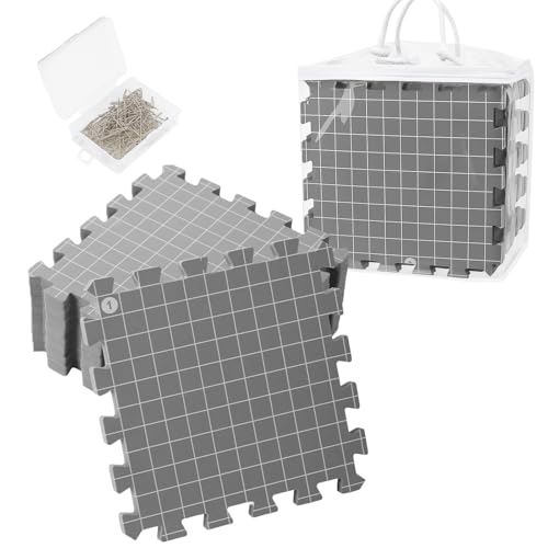 9-Pack Knitting Blocking Mats Kit with Grid Extra Thick Foam Boards for Knitting Crochet Projects 100 T-Pins Clear Carrying Bag Interlocking Blocking Boards for Shawls Blankets Crafts (9-Pack Grey)