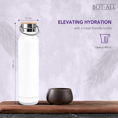 Image of BOT-All Groov White Premium Stainless Steel Bottle with Bamboo Lid - 600ml, Eco-Friendly & Rust-Resistant, 10-Hour Temperature Retention, with 5W Detachable Bluetooth Speaker