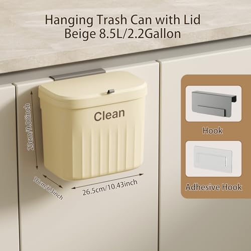 Image of Hanging Trash Can with Lid, 2.2 Gallon Kitchen Garbage Bin Food Waste Container Kitchen Compost Bin Wall Mounted Trash Can for Kitchen, Cupboard, Bathroom, Bedroom, Office, Under Sink - Beige