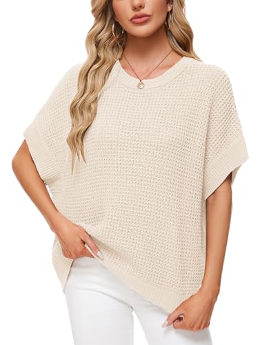 Image of MINTLIMIT Womens Batwing Short Sleeve Sweaters Loose Oversized Waffle Knit Pullover Sweater Top