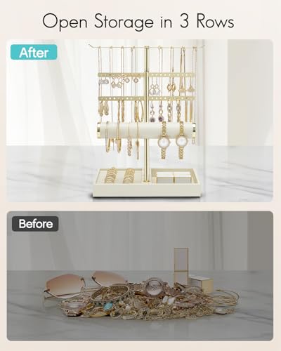 VLANDO Schmuck Organizer 4 Etagen Schmuckständer Gold mit Kunstleder Armbandhalter - Schmuckaufbewahrung Display für Halsketten, Uhren, Ringe, Ohrringe, Armbänder, Armreifen, Sonnenbrillen