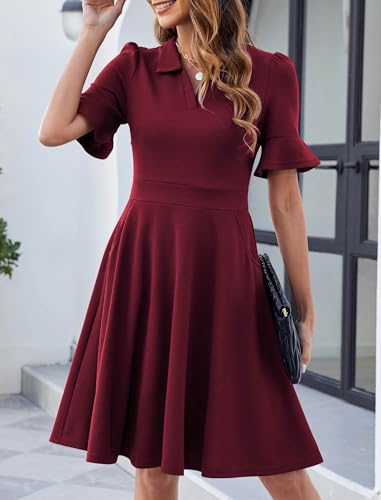 Image of Mokayee Womens Summer Ruffle Sleeve Collared V Neck Fit and Flare Elegant A line Swing Dresses with Pockets