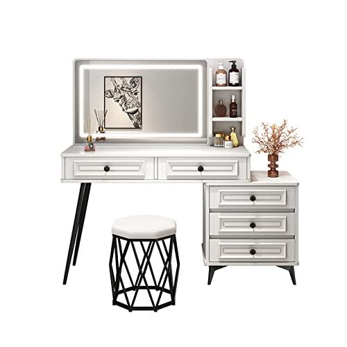 Elegante juego de tocador de maquillaje con espejo, tocador compacto para dormitorio, cajón de almacenamiento y armario lateral, elegante escritorio de maquillaje para apartamentos pequeños (80 cm)