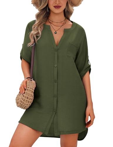 Image of Ekouaer Bathing Suit Cover Up for Women V Neck Button Down Swimsuit Coverup Beach Dress Shirt S-3XL
