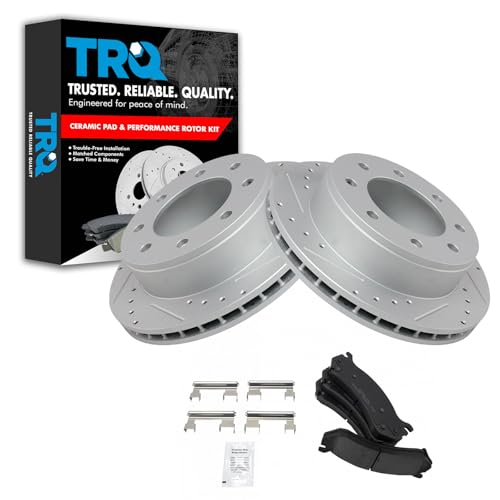 Image of TRQ Performance Rear Brake Pad and Rotor Set Ceramic Drilled Slotted Vented Rotors Compatible with 99-07 Chevrolet Silverado GMC Sierra 1500 HD 2500 00-07 Suburban Yukon XL 2500 03-09 Hummer H2