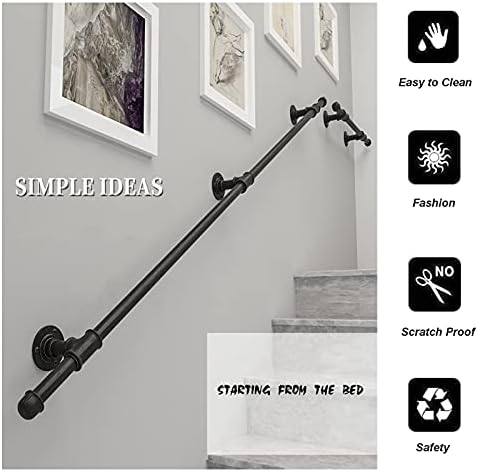 Iron Water Pipe Stair Brackets Kit - Wall Mount Handrail for Indoor & Outdoor Stairs, 16FT/4.8M - Durable Banister Support, Stylish Industrial Design