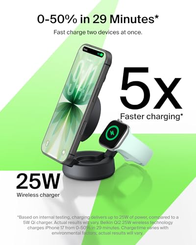 Image of Belkin MagSafe Charger Compatible, 2-in-1 Wireless Charging Station, Qi2.2 25W Convertible Magnetic Charger for iPhone 17, Apple Watch Series 10, Google Pixel 10, and More (45W Adapter Included)