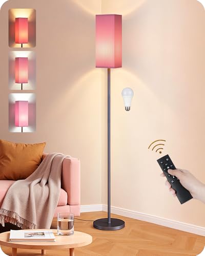 GOEBLESON 64.2 Dimmable Floor Lamp for Living Room with Remote and Foot Switch Corner Floor Lamp for Bedroom Includes 10W A19 Bulb Modern Standing Tall Lamp ETL Listed Pink and Black P17LD05