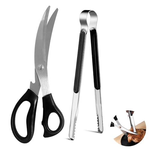 YuanYouTong Heavy Duty Strong Kitchen Scissors and Tongs Set, Stainless Steel Shears and Tongs, Multi-Purpose Ergonomic Design with Non-Slip Grip, for Cutting Meat, Chicken, Vegetables, BBQ, Barbecue