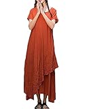 ZANZEA Womens Vintage Round Neck Two-layer Short Sleeve Cotton Linen Maxi Dress Rust red XL